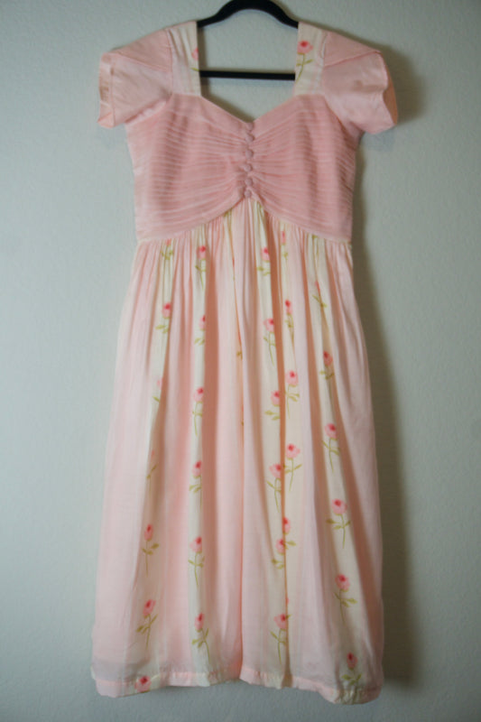 Light pink muslin floral stripes short sleeve pattern dress