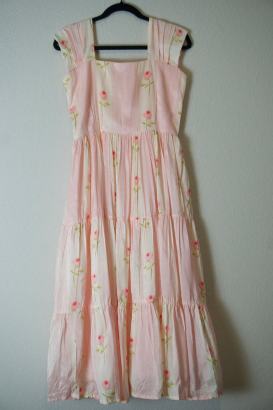 Light pink muslin floral stripes 3 tier dress with swan sleeveless pattern