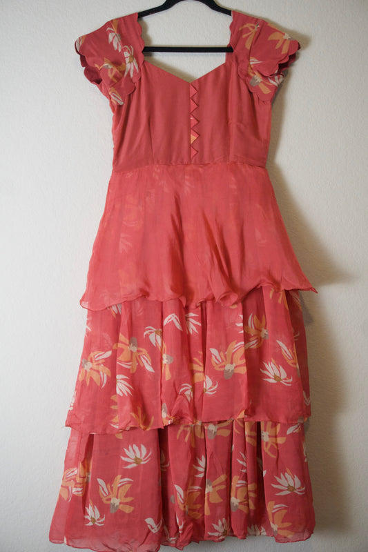 Brick red shade viscose organza floral 3 tier dress with scallop sleeves