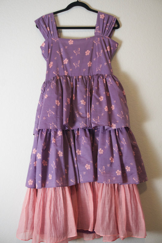Dusty Lavendar mul chanderi floral butterfly print 3 tier dress with swan sleeveless pattern