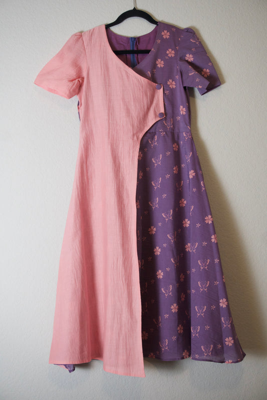 Dusty lavendar mul chanderi floral butterfly print wrap style pattern dress