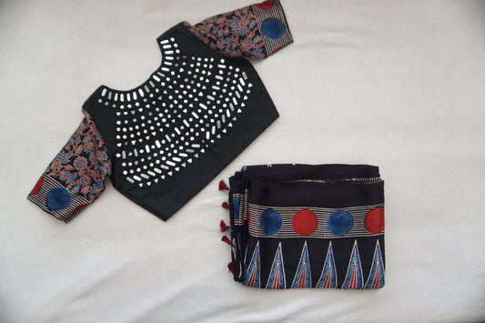 Black Pure Modal Silk Hand Block Ajrakh Print Saree Circles Pattern - Mirror Work Blouse