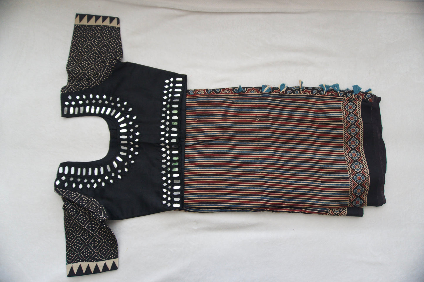 Black Pure Modal Silk Hand Block Ajrakh Print Saree Small Stripes Pattern - Mirror Work Blouse