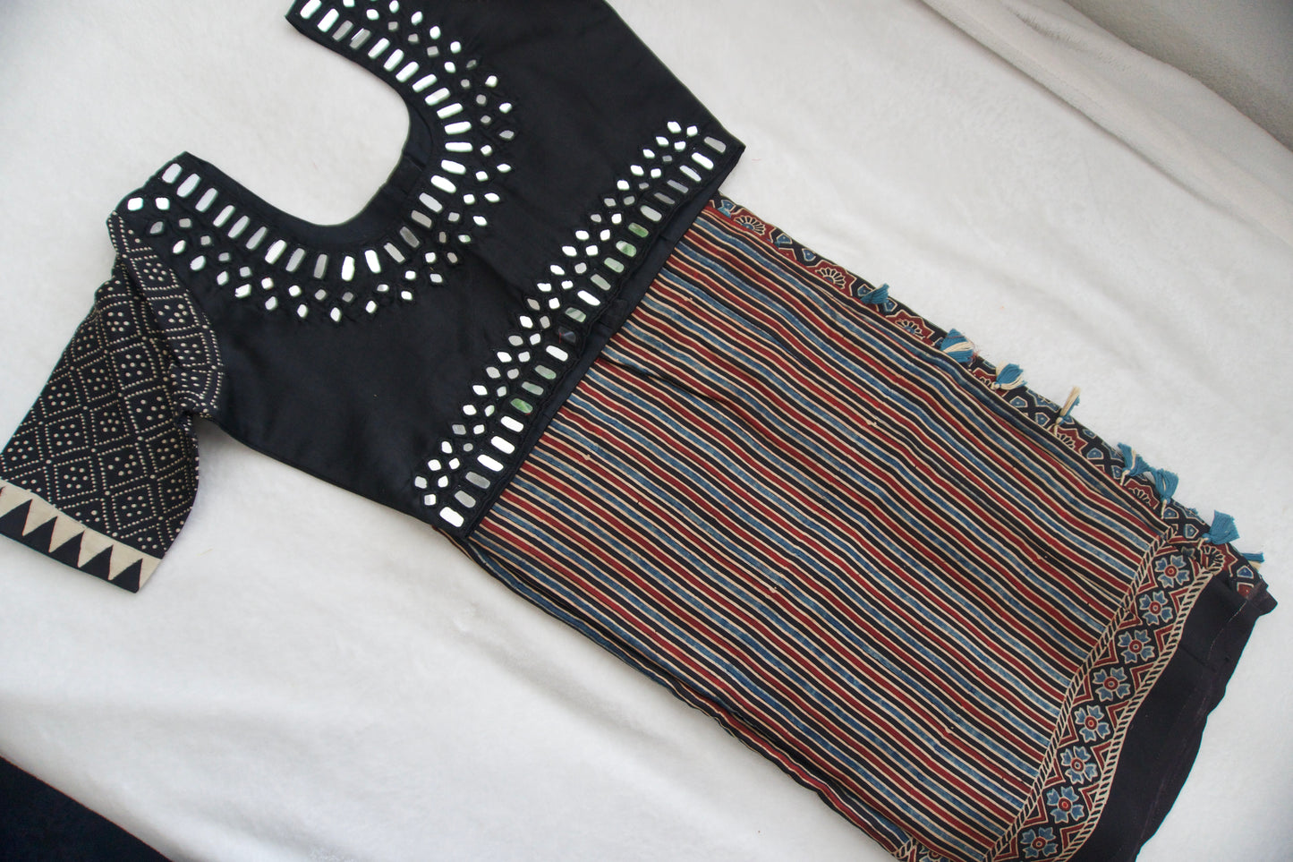 Black Pure Modal Silk Hand Block Ajrakh Print Saree Small Stripes Pattern - Mirror Work Blouse
