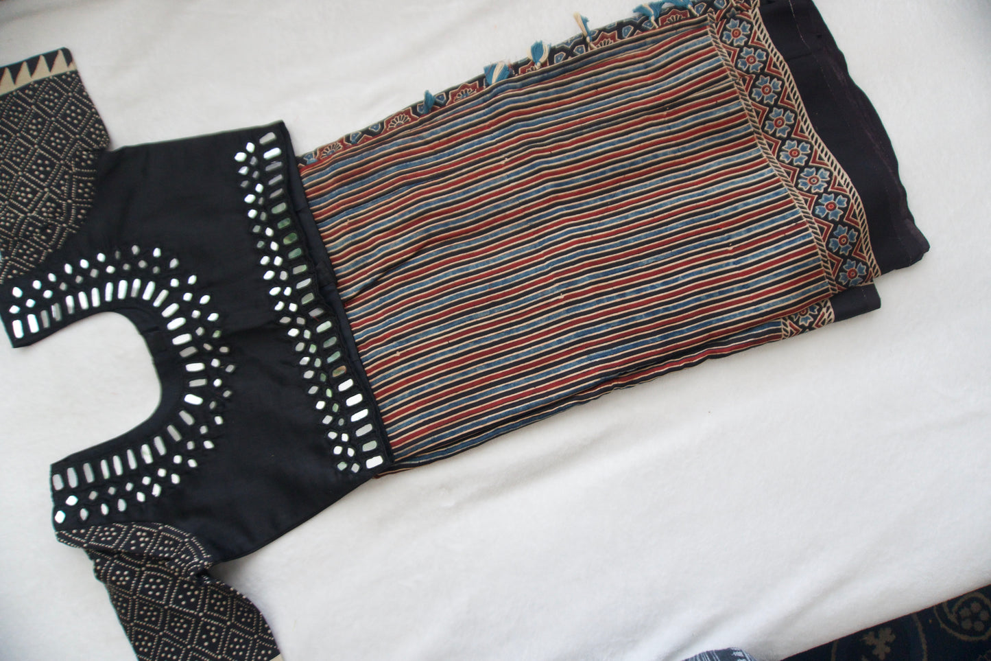 Black Pure Modal Silk Hand Block Ajrakh Print Saree Small Stripes Pattern - Mirror Work Blouse