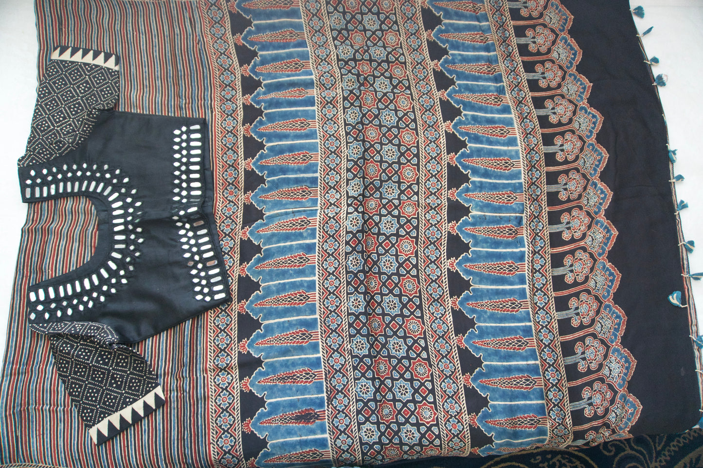 Black Pure Modal Silk Hand Block Ajrakh Print Saree Small Stripes Pattern - Mirror Work Blouse