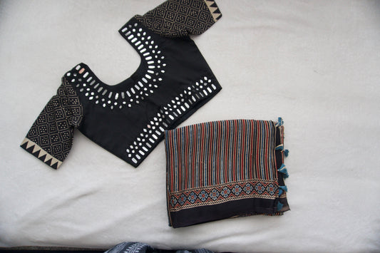 Black Pure Modal Silk Hand Block Ajrakh Print Saree Small Stripes Pattern - Mirror Work Blouse