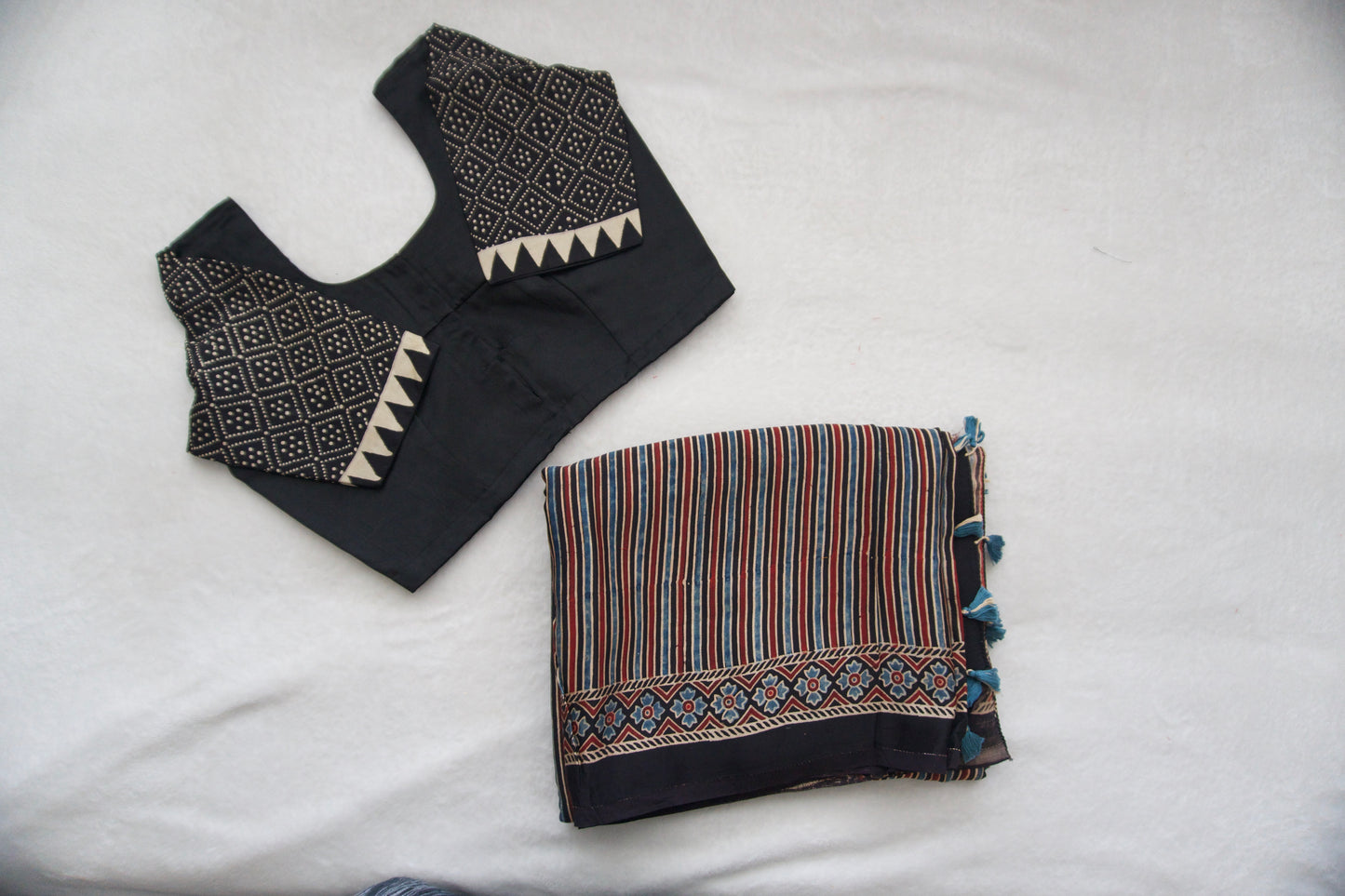 Black Pure Modal Silk Hand Block Ajrakh Print Saree Small Stripes Pattern - Mirror Work Blouse