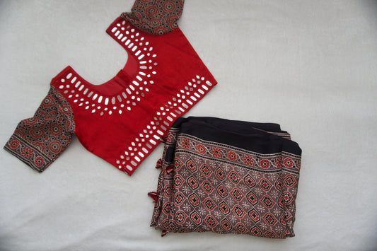 Red Pure Modal Silk Hand Block Ajrakh Print Saree - Mirror Work Blouse