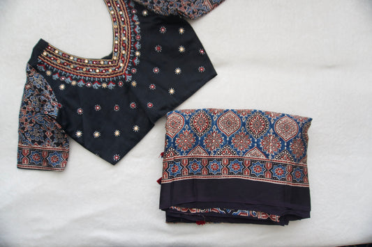 Black Pure Modal Silk Hand Block Ajrakh Print Saree - Kutch Work Blouse