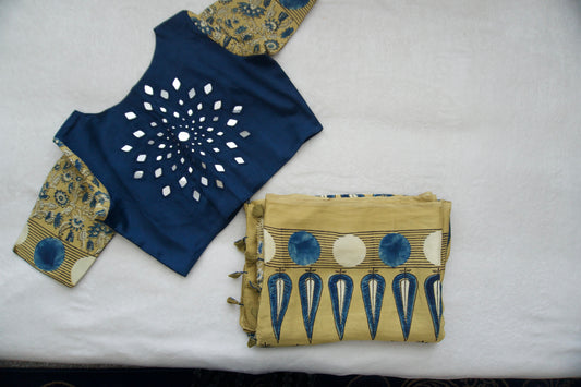 Olive Green Pure Modal Silk Hand Block Ajrakh Print Saree - Mirror work blouse