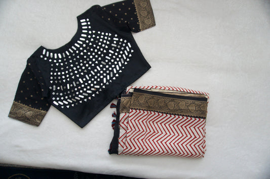 Cream & Red Leheriya Dola Silk Hand Block Ajrakh Print Saree - Mirror Work Blouse