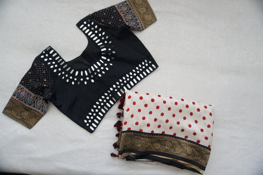 Cream & Red Polka Dots Dola Silk Hand Block Ajrakh Print Saree - Mirror Work Blouse