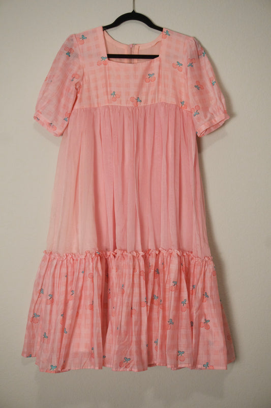 Light pink mul chanderi checks print frock pattern 1