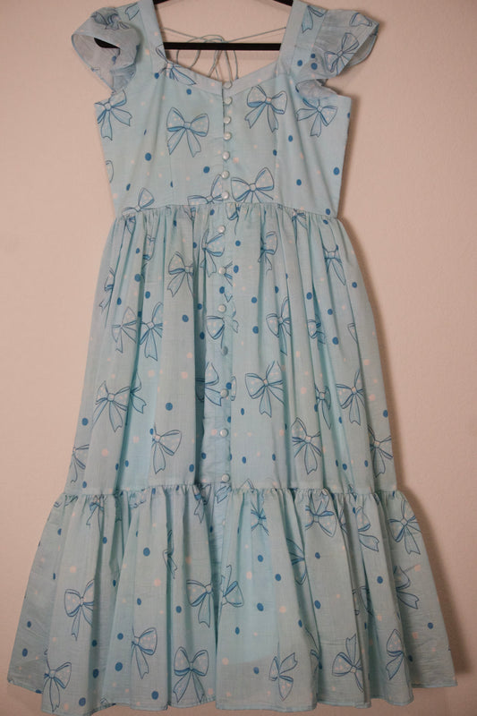 Light blue mul chanderi bow print frock pattern 2