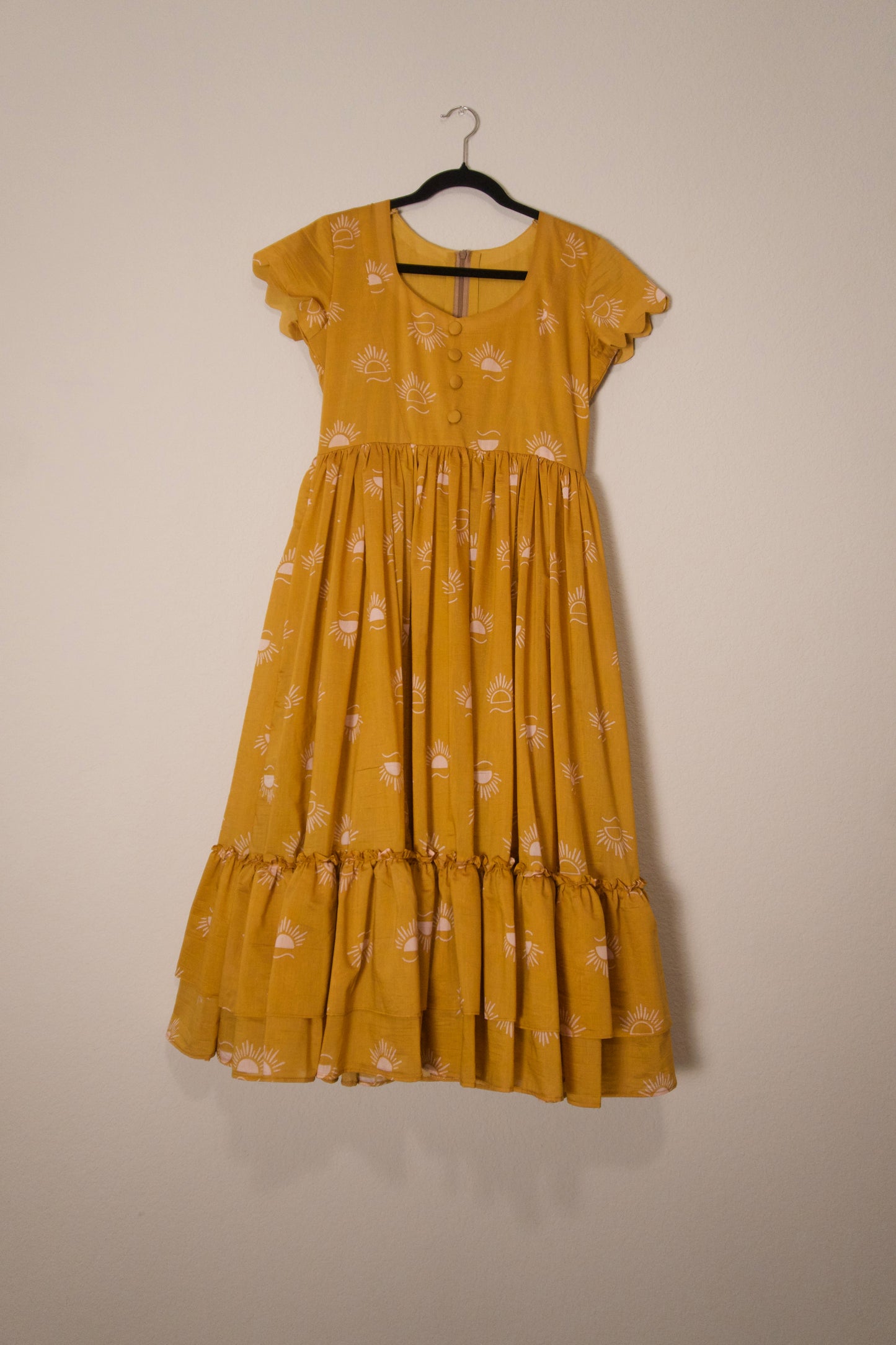 Mustard mul chanderi sun rise print frock pattern 1