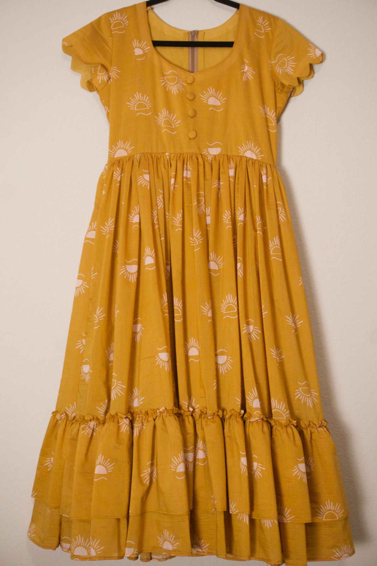 Mustard mul chanderi sun rise print frock pattern 1