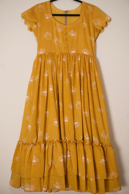 Mustard mul chanderi sun rise print frock pattern 1