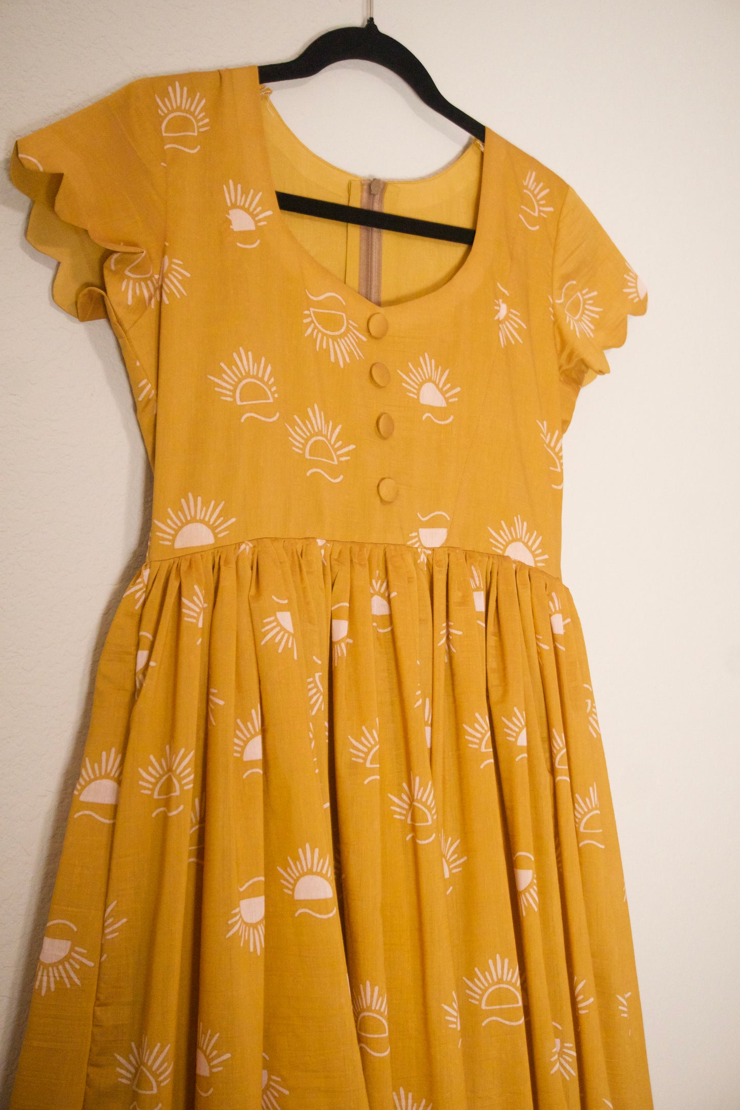 Mustard mul chanderi sun rise print frock pattern 1