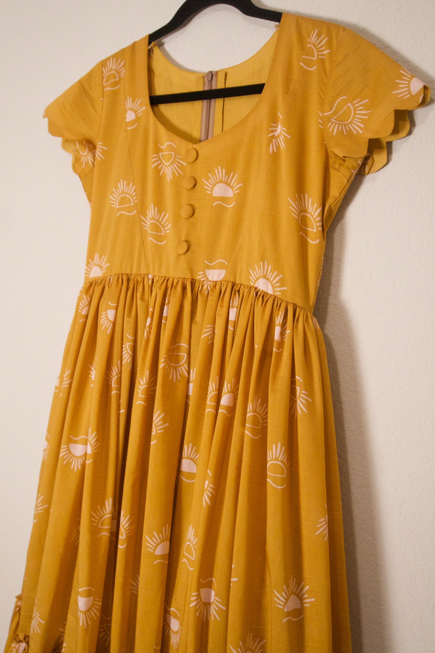 Mustard mul chanderi sun rise print frock pattern 1