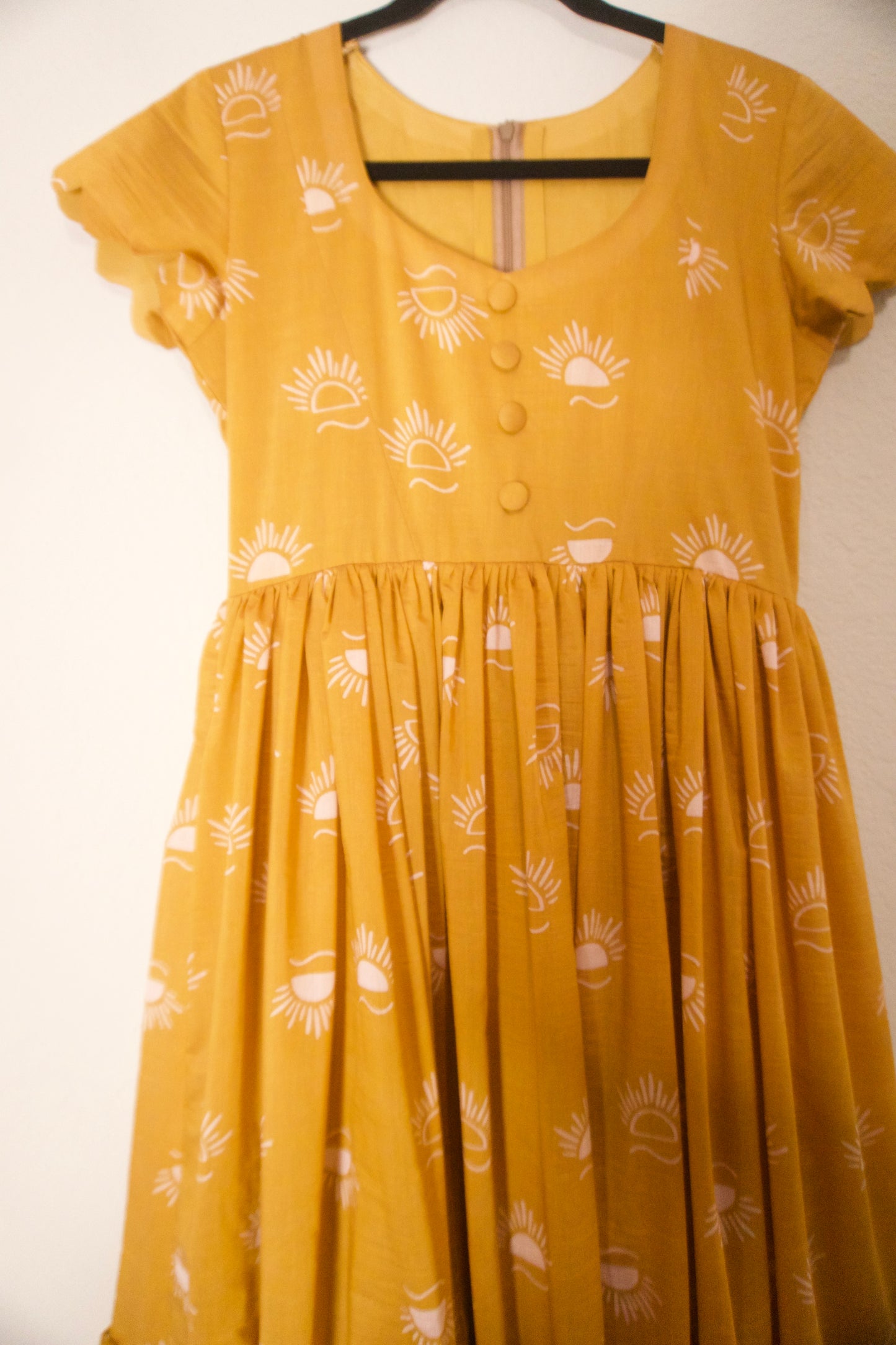Mustard mul chanderi sun rise print frock pattern 1
