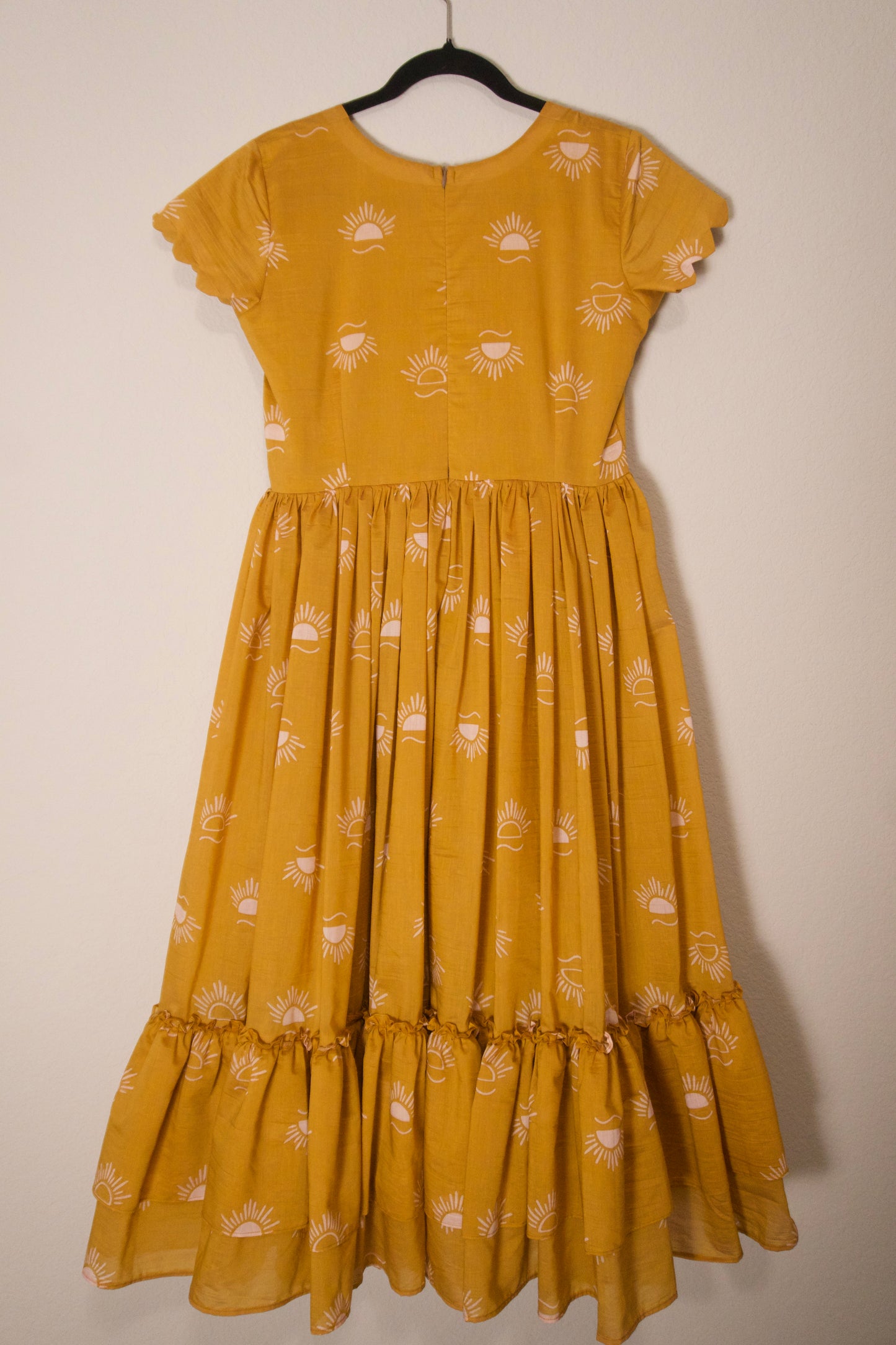 Mustard mul chanderi sun rise print frock pattern 1