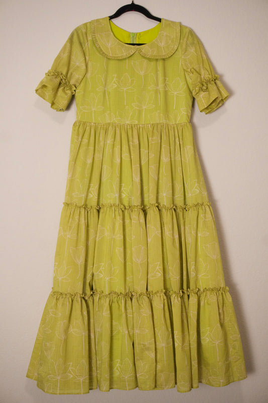 Green mul chanderi floral print 3 tier frock