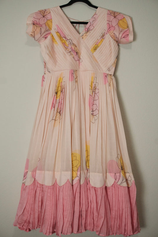 Biege floral mul chanderi heavy flare frock