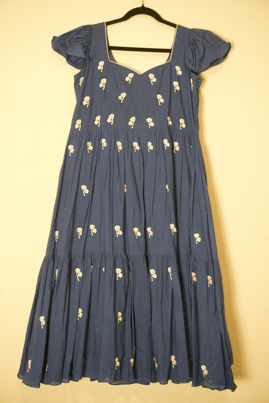Blue mul cotton floral embroidered cap sleeve frock
