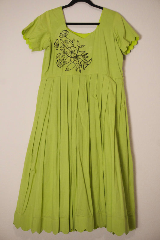 Green mul cotton embroidered frock with scallop detailing