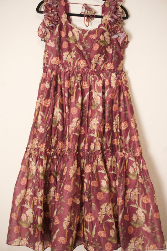 Maroon Floral Chanderi Sleeveless Style Frock