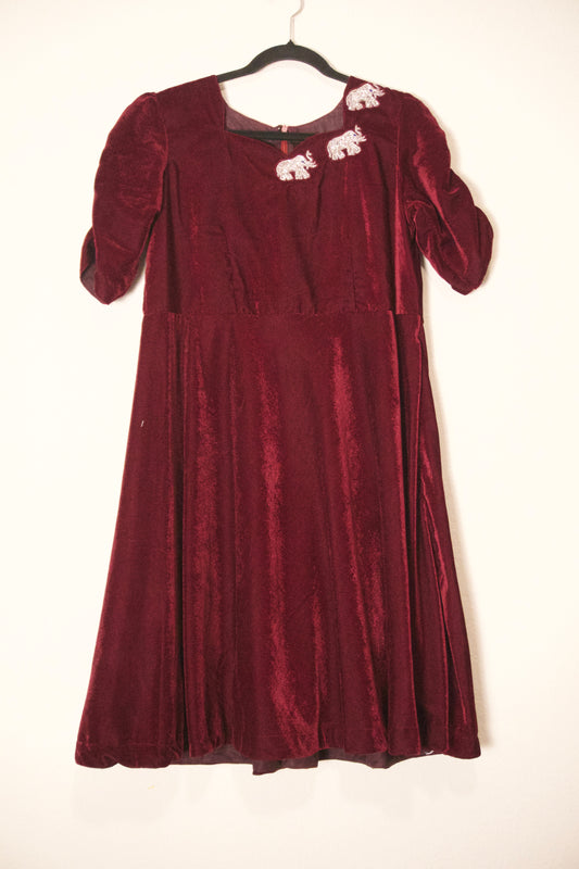 Wine Elephants Velvet Frock - Midi Dress