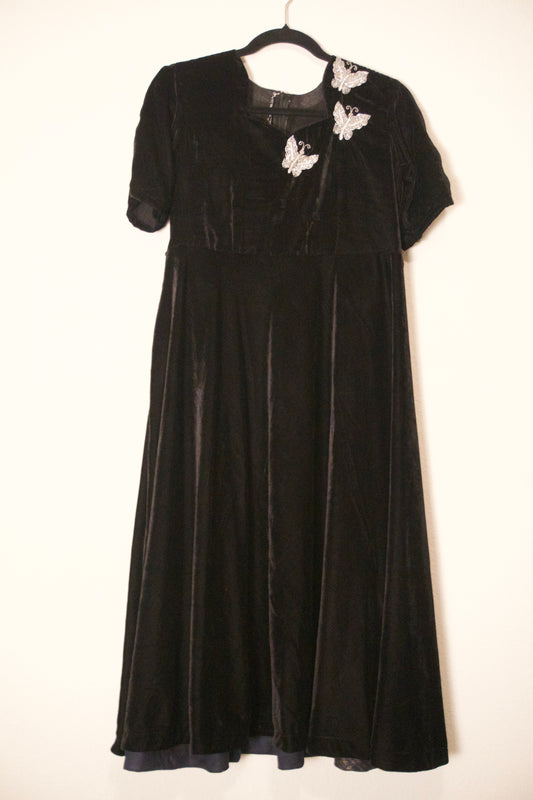 Black Butterfly Velvet Frock - Midi Dress