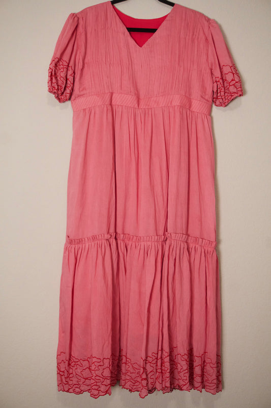 Pink mul cotton embroidered frock