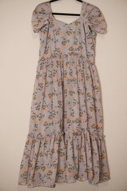 Gray georgette floral midi dress - swan sleeves