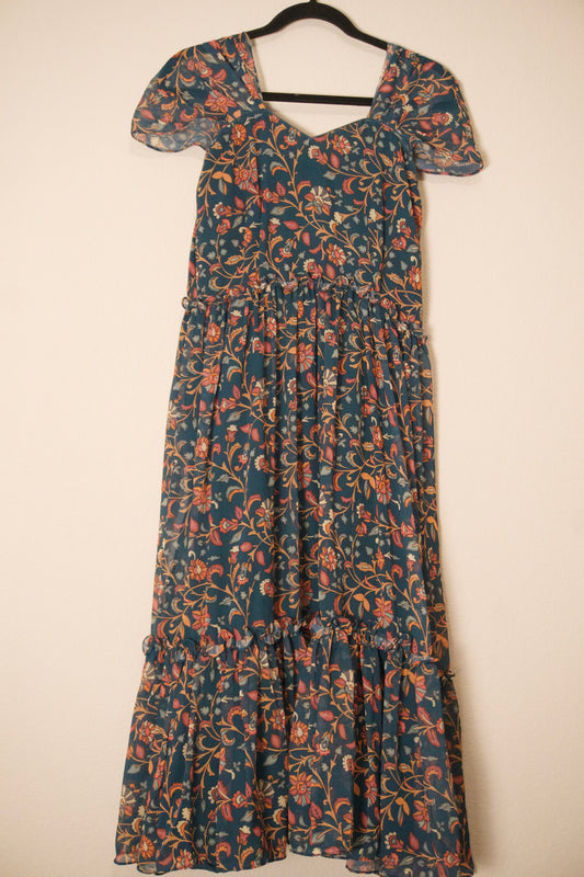 Bottle green georgette midi dress - swan sleeves