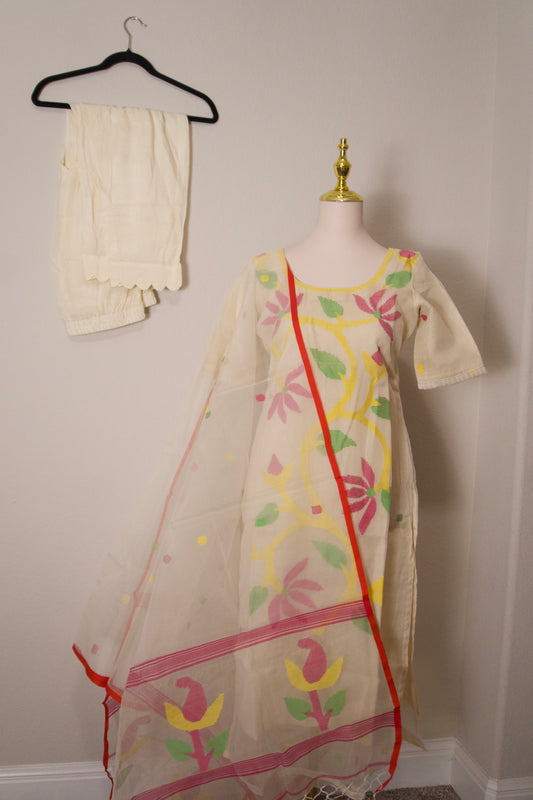 Half white jamdani customized 3 piece suit set