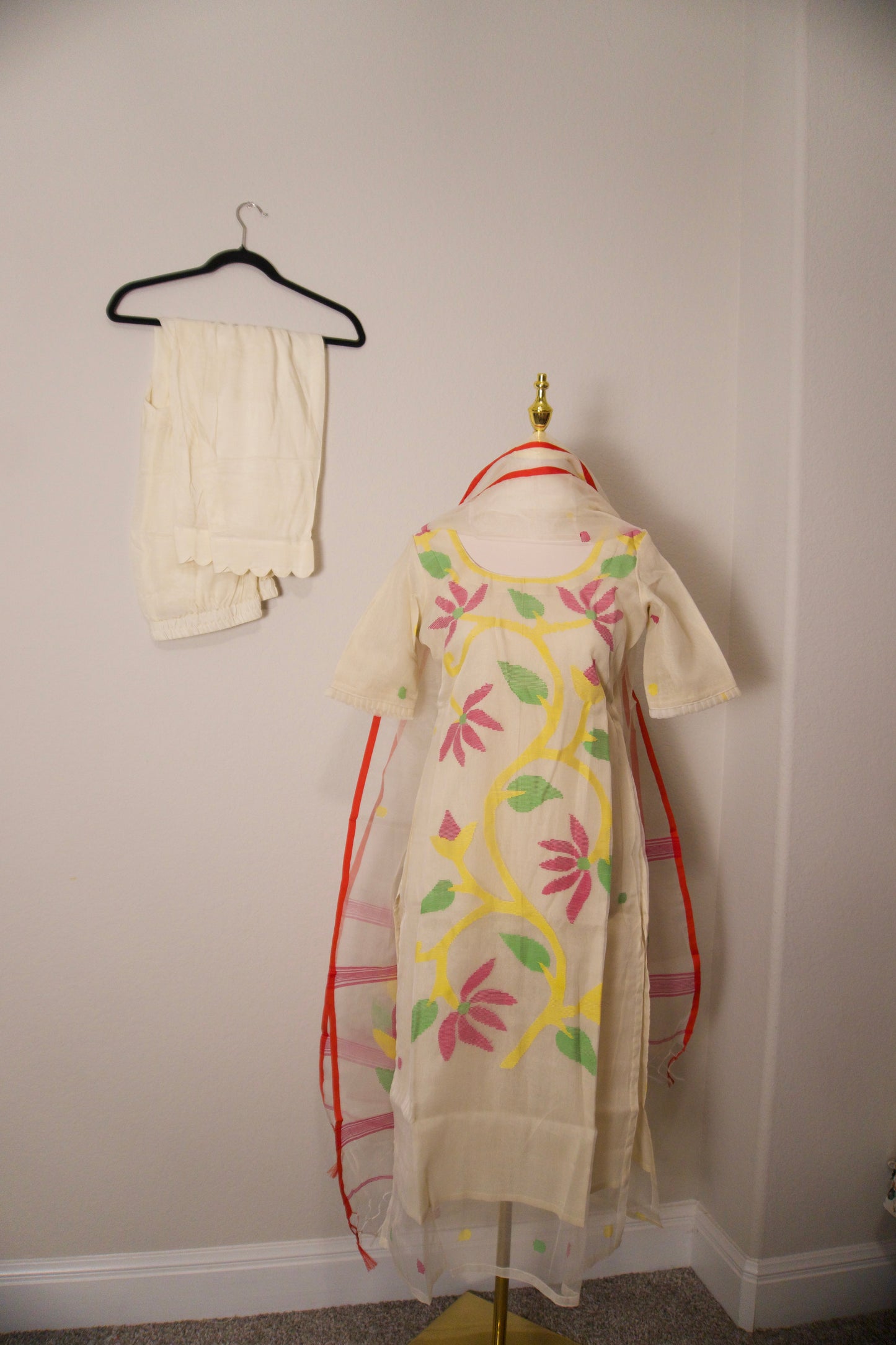 Half white jamdani customized 3 piece suit set
