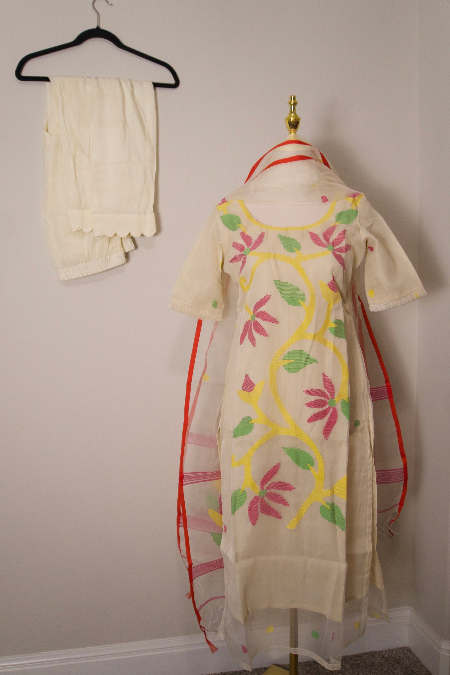 Half white jamdani customized 3 piece suit set