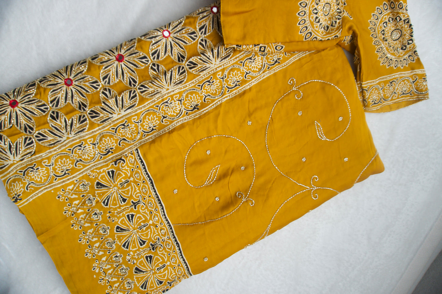 Yellow Ajrakh Modal Silk Handwork Saree