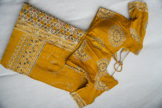 Yellow Ajrakh Modal Silk Handwork Saree