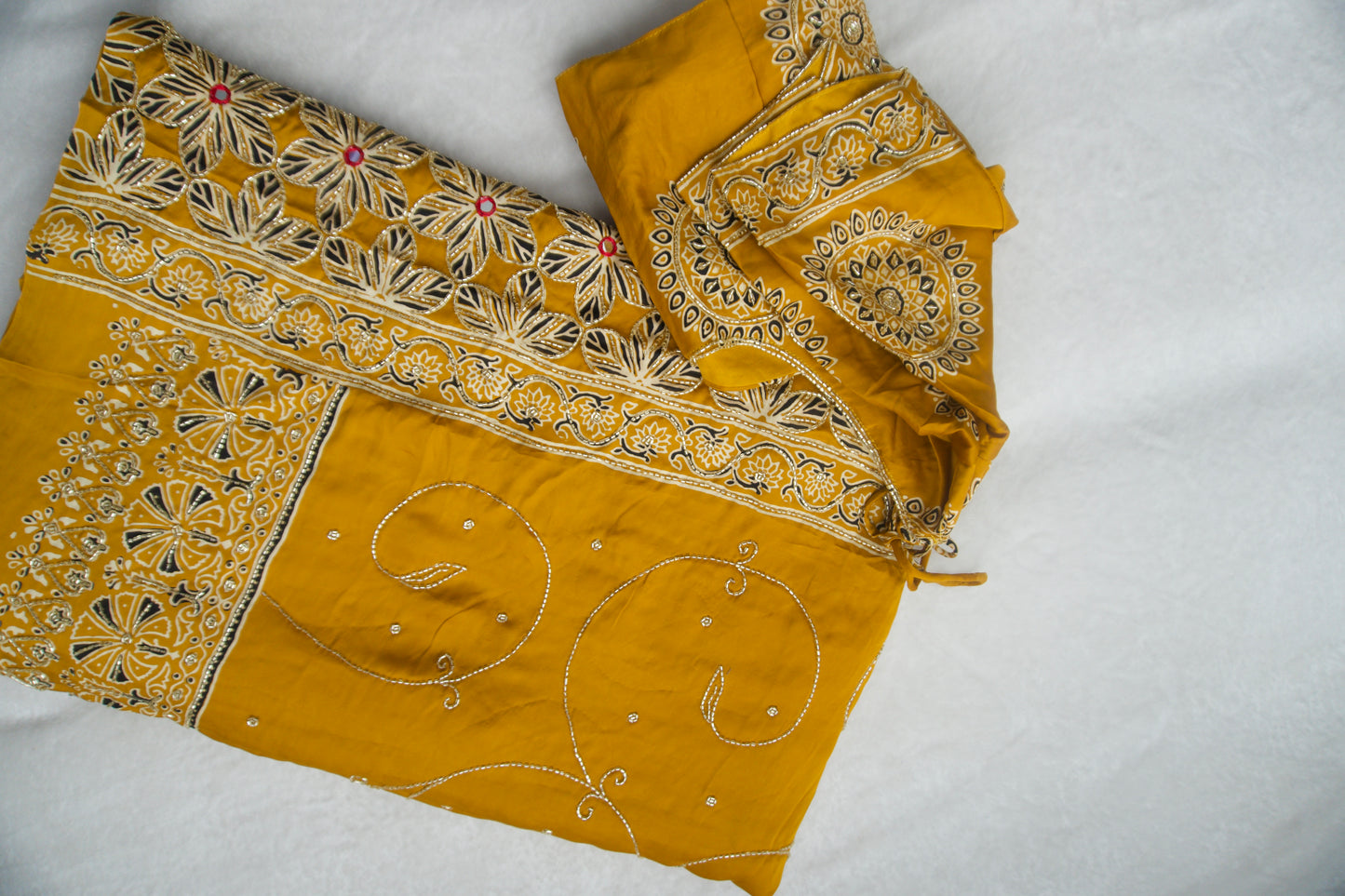 Yellow Ajrakh Modal Silk Handwork Saree
