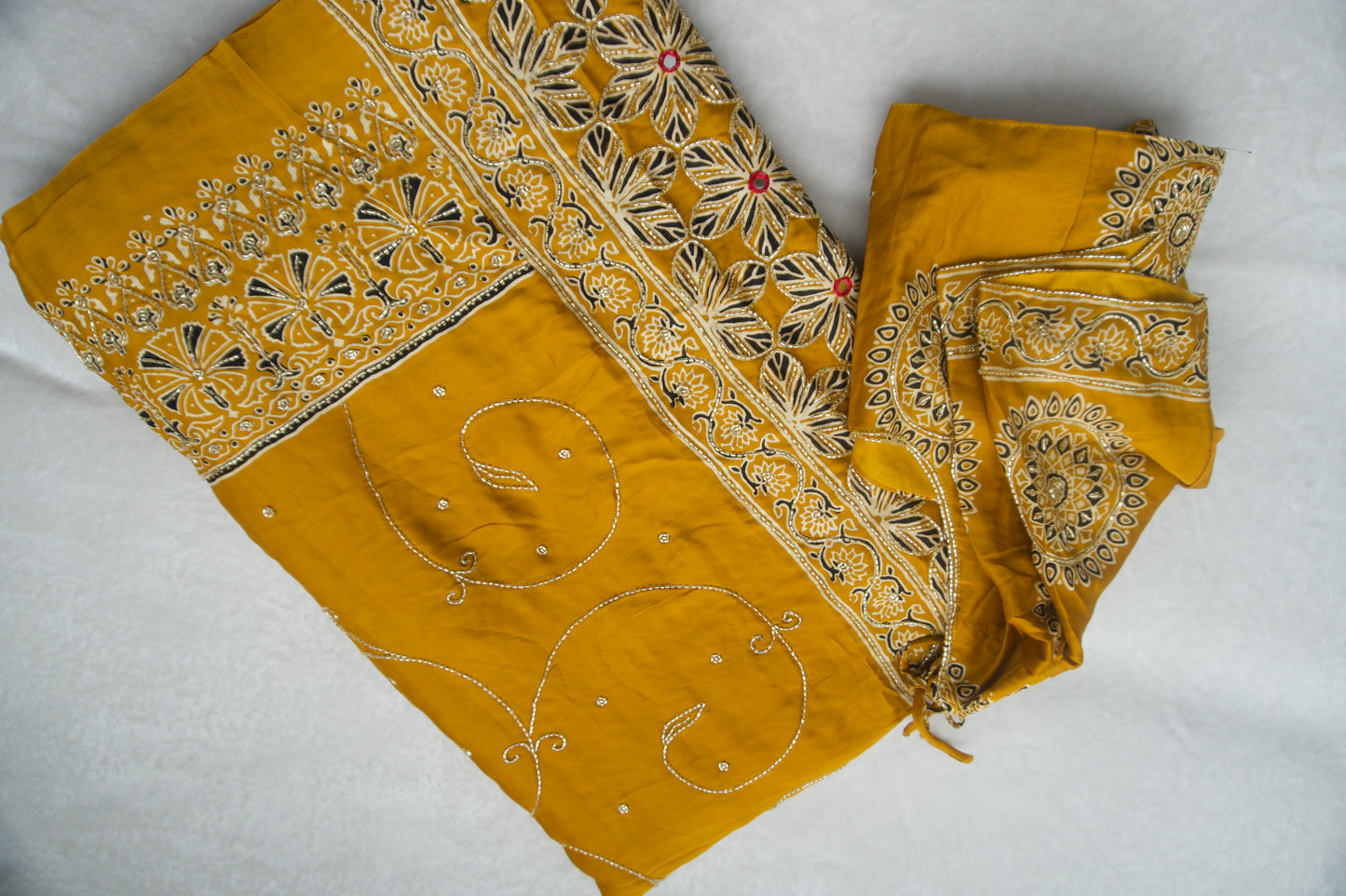Yellow Ajrakh Modal Silk Handwork Saree