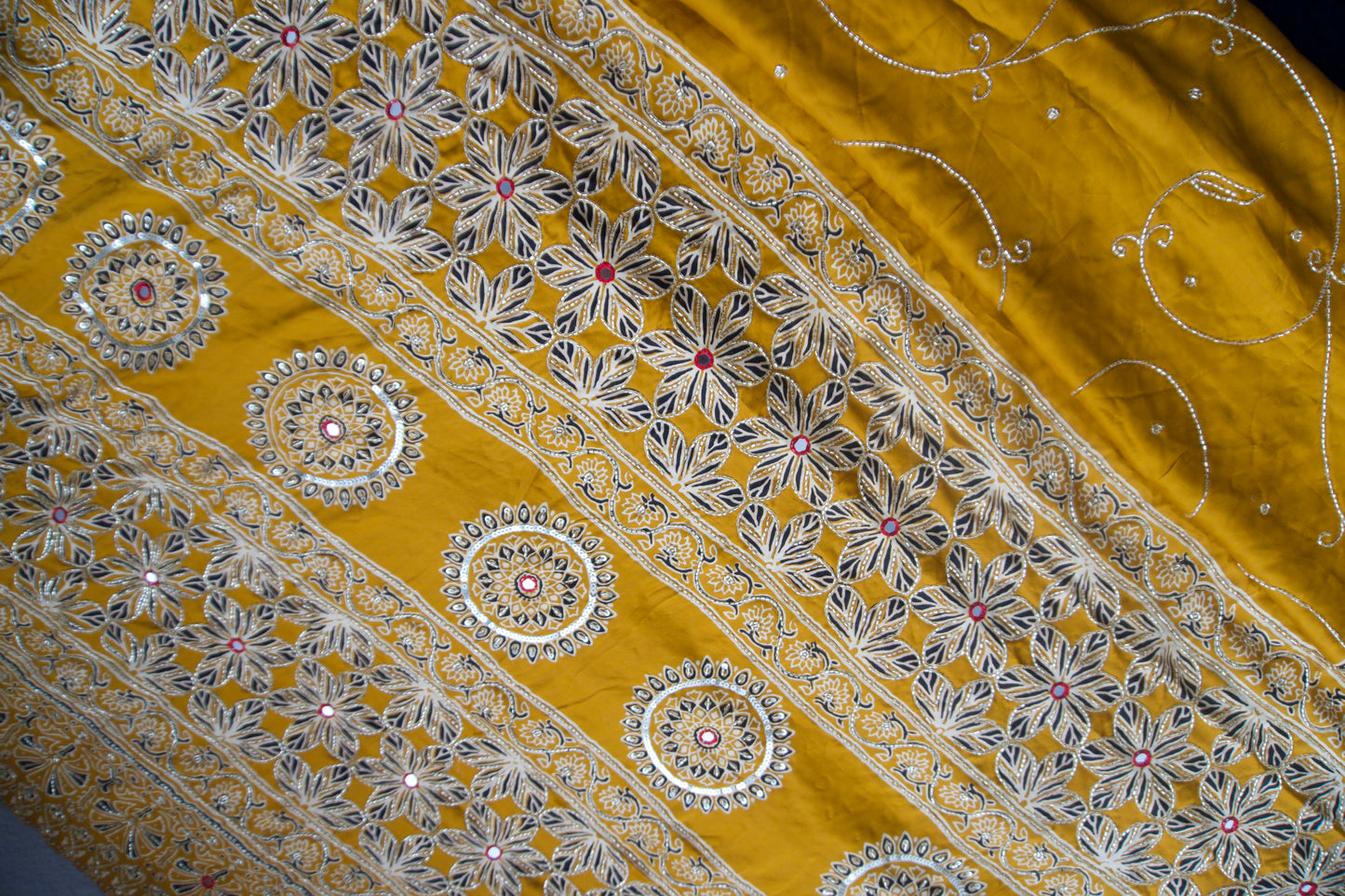 Yellow Ajrakh Modal Silk Handwork Saree
