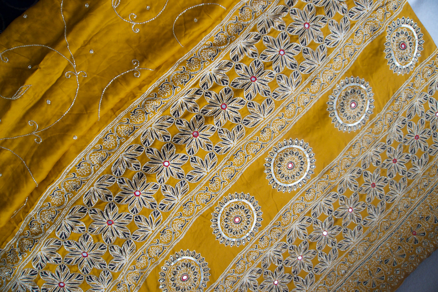 Yellow Ajrakh Modal Silk Handwork Saree