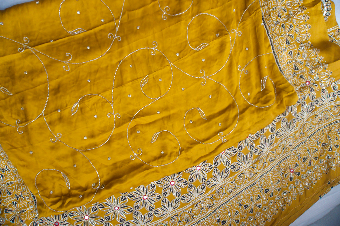 Yellow Ajrakh Modal Silk Handwork Saree