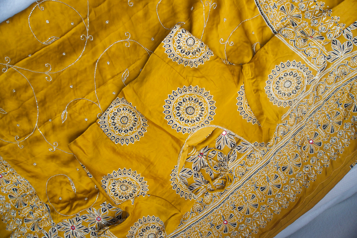 Yellow Ajrakh Modal Silk Handwork Saree