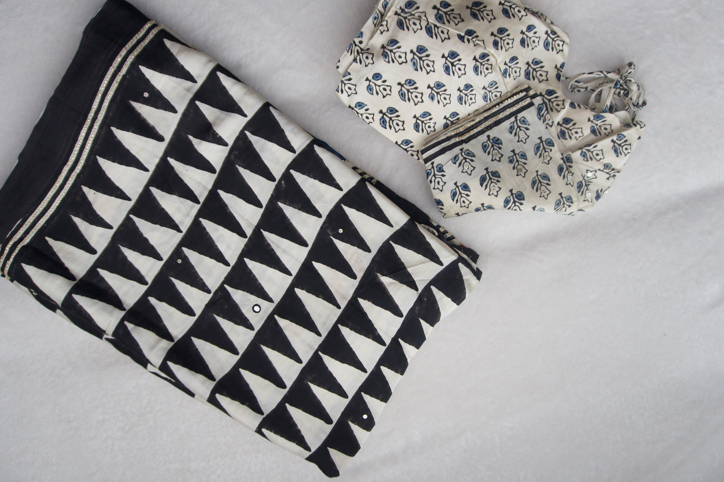 Black Ajrakh Modal Silk Handwork Saree - Traingles Pattern