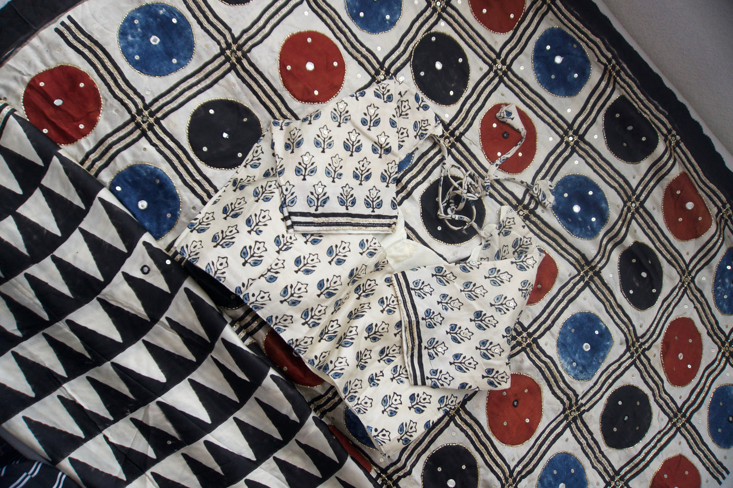 Black Ajrakh Modal Silk Handwork Saree - Traingles Pattern