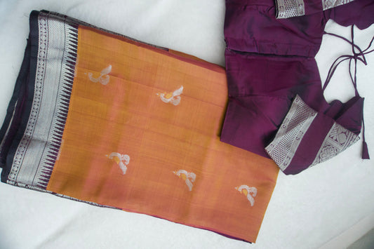 Brick peach pure mangalgiri handloom pattu saree with wine blouse